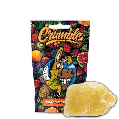 Pacote colorido com texto Crumble Mango Mojito e bloco amarelo translúcido