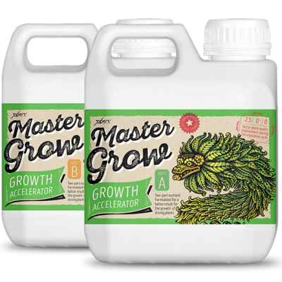 Frascos Master Grow Growth Accelerator Part A e Part B com design de dragão de folhas verdes