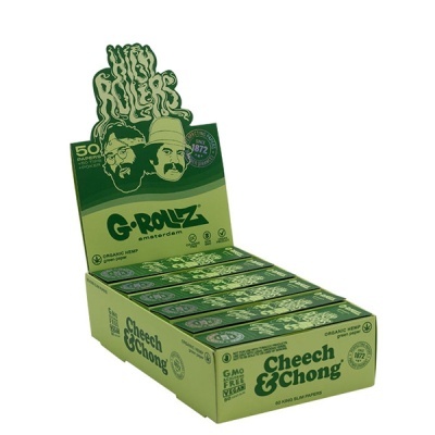 Caixa verde com embalagens de papel para enrolar G-Rollz Cheech & Chong