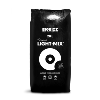 Saco preto de 20 litros com o logotipo e texto branco do produto LIGHT-MIX da BIOBIZZ