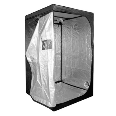 Tenda de cultivo interior preto e prateada com abertura frontal e aberturas para ventilação