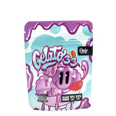 Embalagem colorida com design cartoon, texto Gelato 33 e indicações de CBD e THC