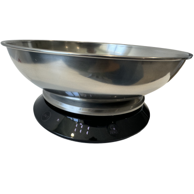 Balança eletrónica de cozinha preta com tigela de aço inoxidável prateada