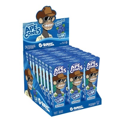 Caixas azuis de cones com imagem de macaco e texto APE CONES berry blue