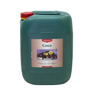Recipiente plástico verde com rótulo Coco A da marca CANNA