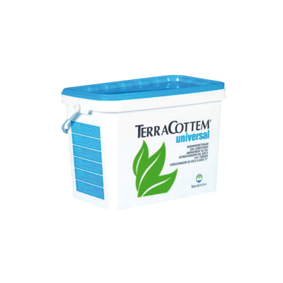 Recipiente plástico branco com tampa azul e etiqueta com escrita TERRACOTTEM universal
