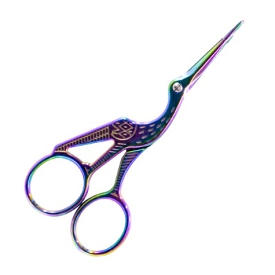Tesoura pequena metálica com design de pássaro e acabamento iridescente