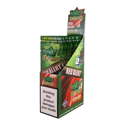 Expositor de Juicy Hemp Wraps RED ALERT verde e vermelho com 2 hemp wraps por pack e aviso de saúde em inglês