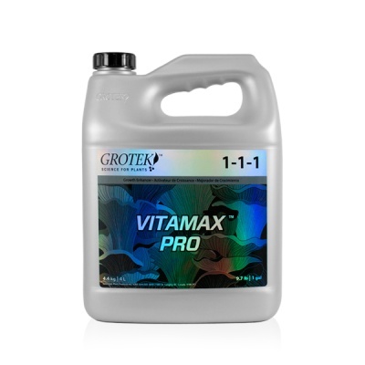 Garrafão de plástico cinzento com rótulo colorido Vitamax Pro da Grotek.