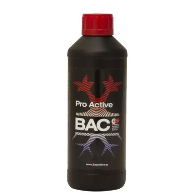 Frasco plástico preto com tampa vermelha e rótulo BAC Pro Active