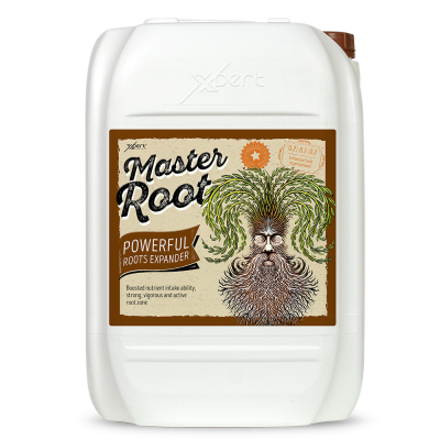 Recipiente plástico branco com etiqueta de produto Master Root e ilustração