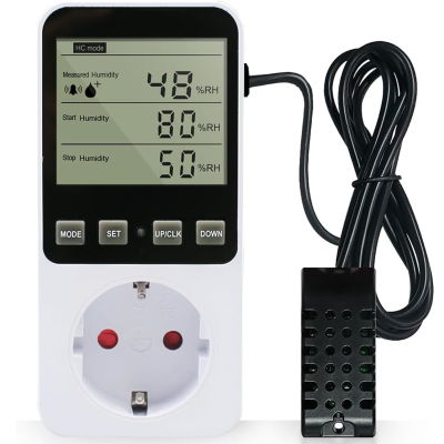 Dispositivo de medição de humidade branco com visor digital e sensor preto ligado por cabo.