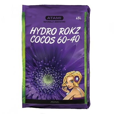 Saco roxo de substrato ATAMI HYDRO ROKZ COCOS 60-40 45L com imagem de flor roxa e personagem feminina.