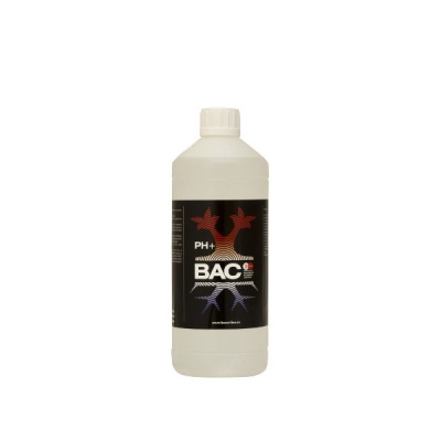 Garrafa plástica branca com rótulo preto e texto PH+ BAC