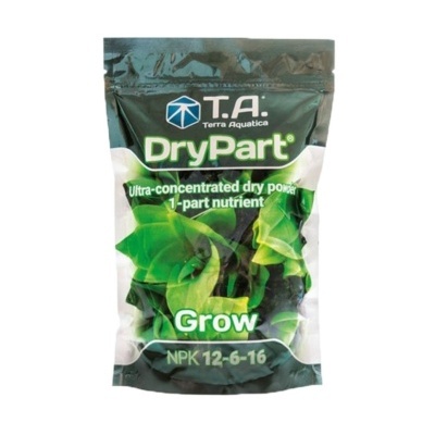 Pacote de fertilizante DryPart Grow Terra Aquatica verde com folhas e texto NPK 12-6-16