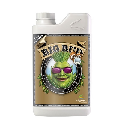 Frasco branco de produto Big Bud Coco com rótulo castanho e ilustração de planta com óculos de sol
