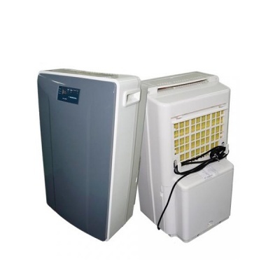 Dois desumidificadores portáteis lado a lado, um cinza e outro branco com grelha amarela