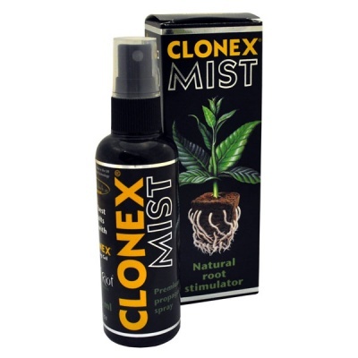 Frasco de spray Clonex Mist com caixa ao lado mostrando planta e raízes