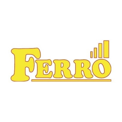 Logótipo amarelo e laranja com a palavra FERRO e barras verticais