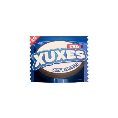 Pacote azul XUXES DRY BISCOTTI com selo CBD e indicação 2G