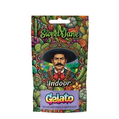 Embalagem colorida com design vibrante e homem com chapéu mexicano