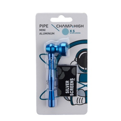 Cachimbo mini azul em alumínio e filtros prata na embalagem CHAMP: HIGH