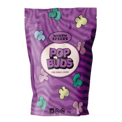 Embalagem roxa de produto POP BUDS com desenhos coloridos e texto central