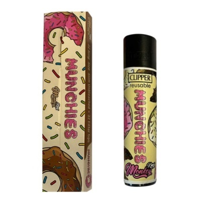 Filtro Munchies com desenho de donuts e isqueiro Clipper reutilizável com o mesmo padrão