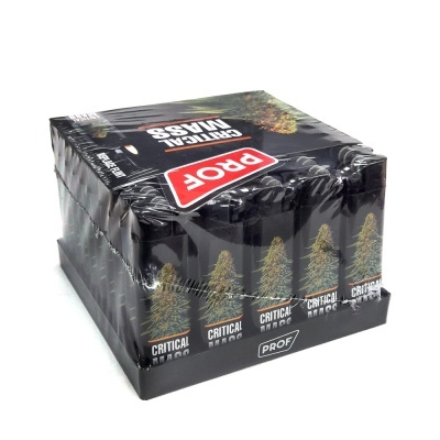 Pack de isqueiros pretos com planta e texto CRITICAL MASS e PROOF