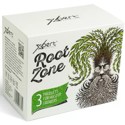 Caixa branca de produto Xpert Nutrients Root Zone com desenho de figura humana com cabelo de raízes