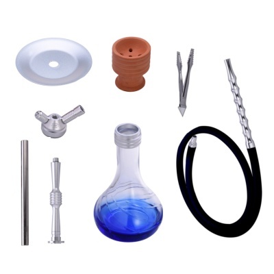 Conjunto de peças para cachimbo de água com base de vidro azul e acessórios metálicos