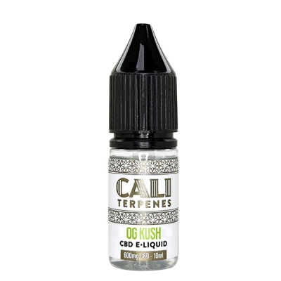 Frasco de e-líquido CBD OG Kush com tampa preta e rótulo branco