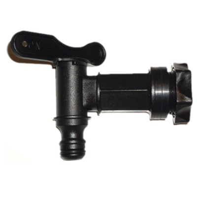 Torneira preta de plástico com inscrição ON no manípulo