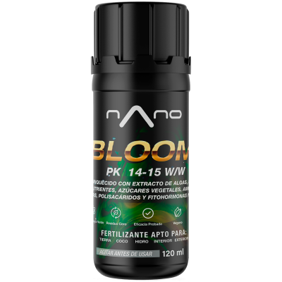 Frasco preto de fertilizante nano bloom com texto em branco, dourado e verde