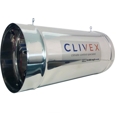 Dispositivo metálico cilíndrico prateado com logo CLIVEX e texto de especificação