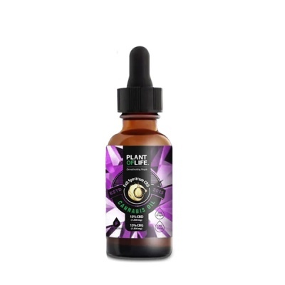 Frasco âmbar com conta-gotas de óleo de cannabis com rótulo roxo e preto