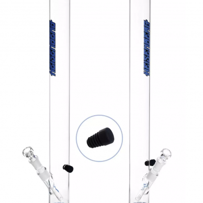 Dois bongs de vidro transparentes com detalhes azuis e logo Hypster Glass