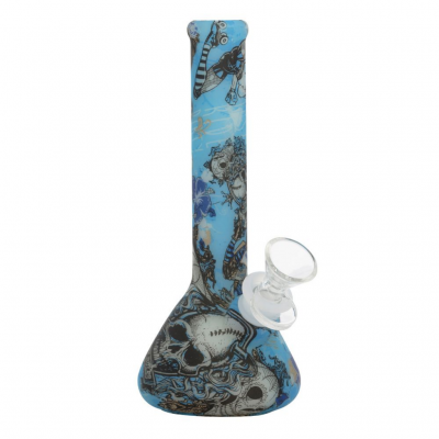 Bong de vidro azul com desenhos de caveiras pretas e encaixe de vidro transparente