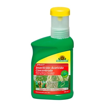 Frasco verde de insecticida Neudorff Spruzit com tampa amarela e etiqueta vermelha e amarela