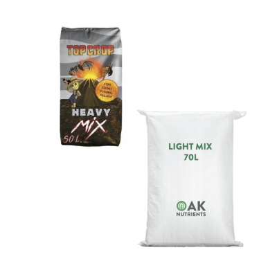 Dois sacos de fertilizante com textos TOP CROP HEAVY MIX 50L e LIGHT MIX 70L AK NUTRIENTS