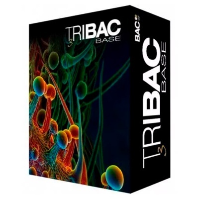 Caixa preta com design colorido abstrato e texto TRIBAC BASE