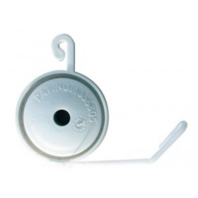 Dispositivo branco em plástico circular com gancho e haste fina