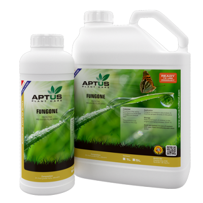 Frascos brancos de fungicida Aptus Fungone com rótulos verdes e amarelos, mostrando uma folha com gotas e uma borboleta.