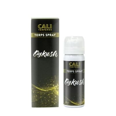 Spray TERPS CALI TERPENES Og Kush em embalagem preta e dourada com frasco branco