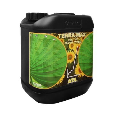 Recipiente preto com rótulo verde e amarelo com girassóis e texto TERRA MAX
