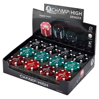 Conjunto de fichas de poker CHAMP:HIGH em plástico nas cores vermelha, verde e preta em embalagem preta