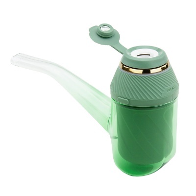 Cachimbo de fumar verde transparente com bocal longo e tampa aberta