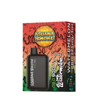 Produto para vaporizador CBD Iguana Smoke sabor Watermelon, frasco preto e embalagem colorida