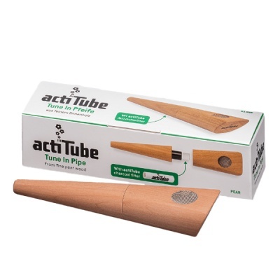 Dispositivo de madeira actiTube Tune In Pipe com embalagem branca e filtro de carvão.