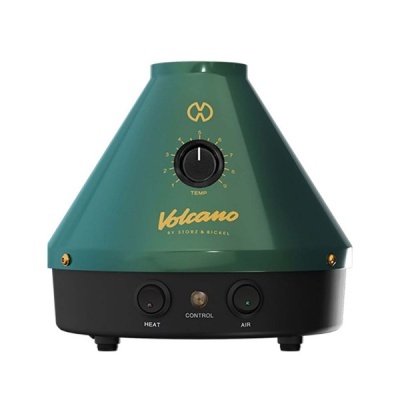 Dispositivo elétrico cónico verde e preto com botões e texto Volcano